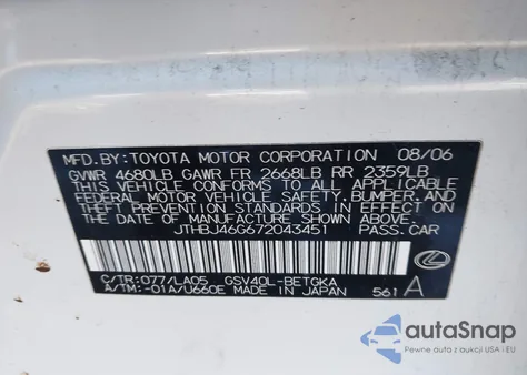 2007 Lexus Es 350 из США, поврежденный, VIN JTHBJ46G672043451